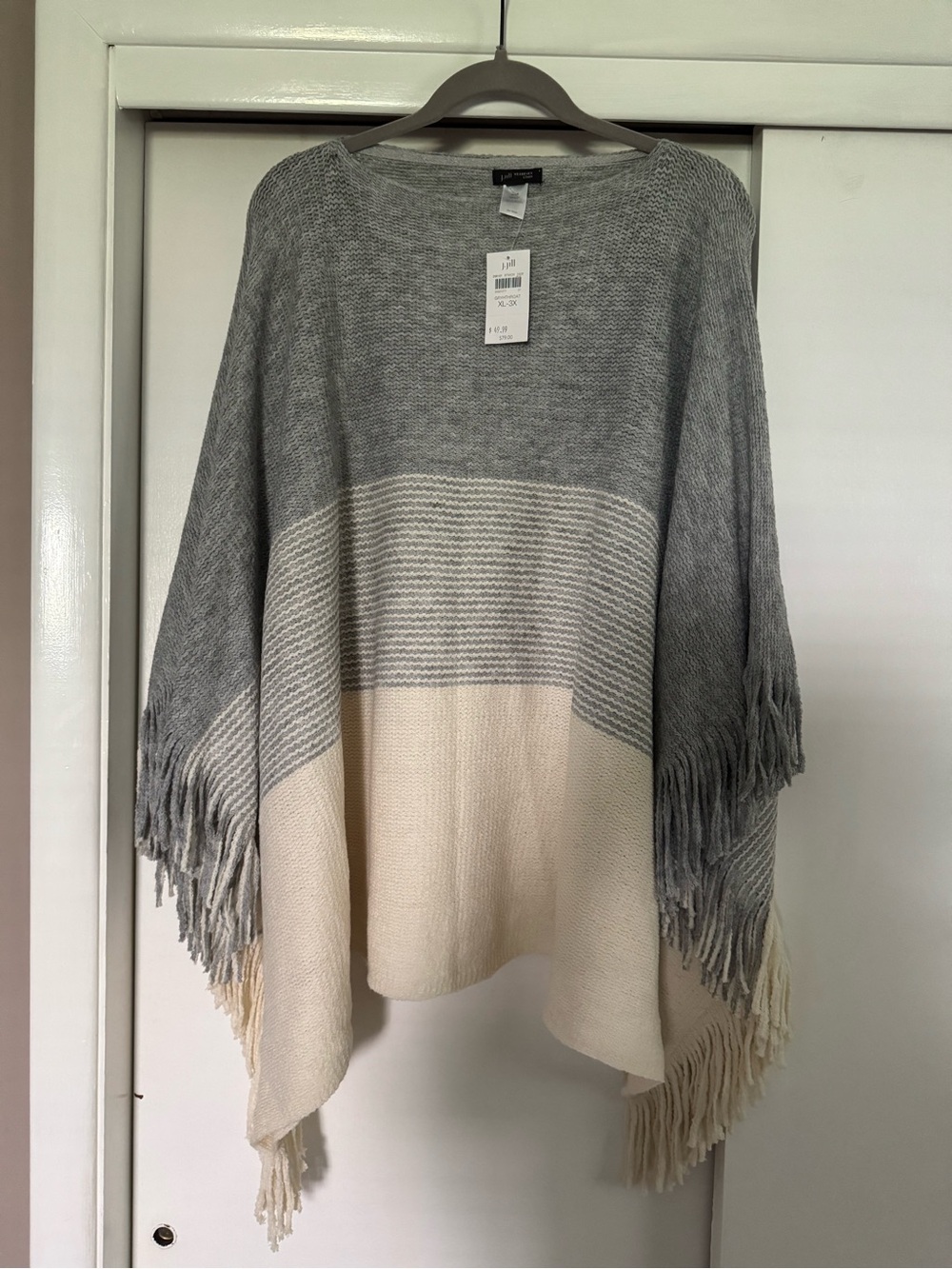 J. Jill Gray and Cream Fringe Knit Poncho